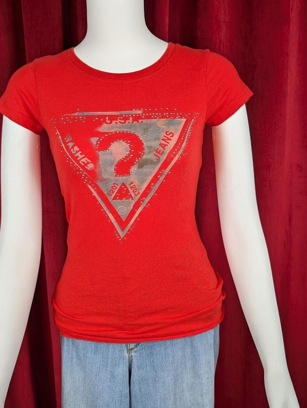 Y2K Guess Los Angeles Orangey Red Silver Rhinestone Bedazzled 100% Cotton Tee